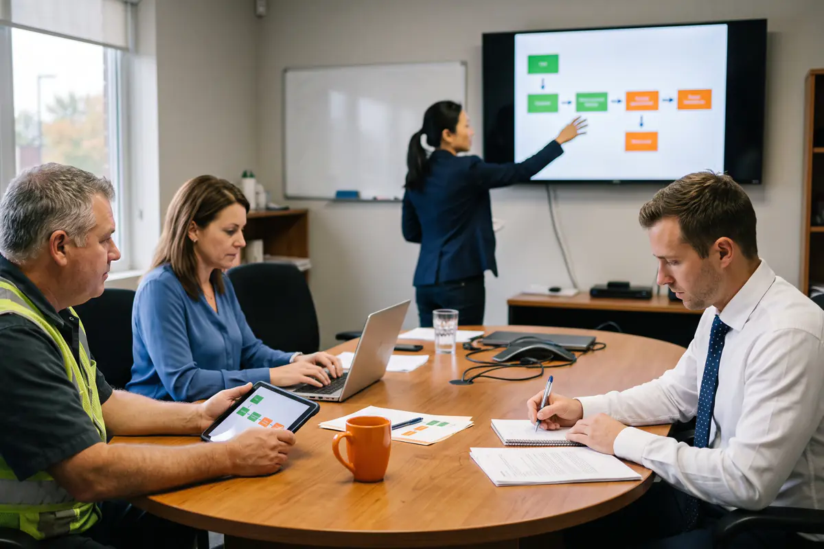 Formation sur les processus en salle de conférence : personnel d'entrepôt et de bureau suivent une présentation à l'écran.